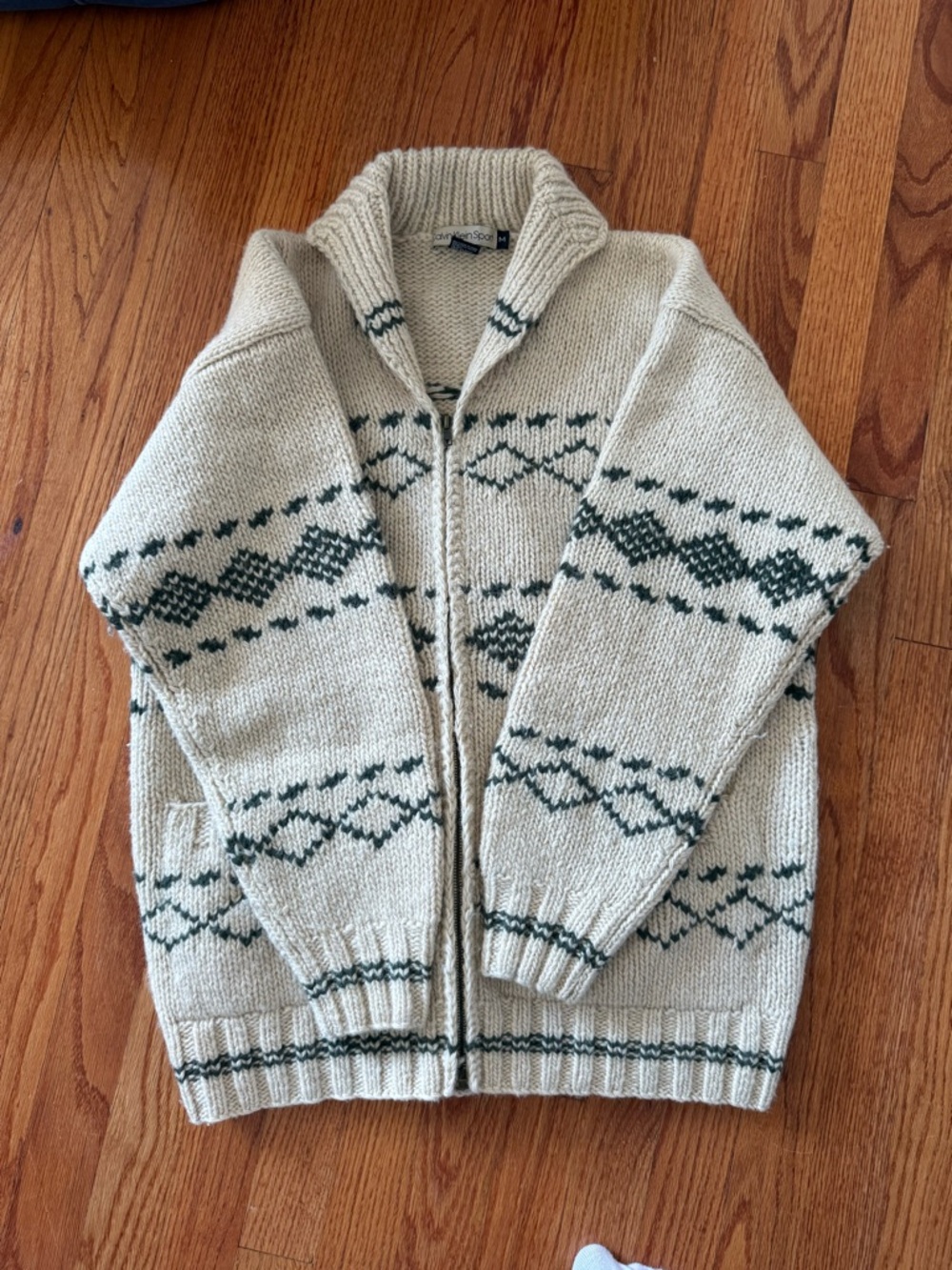 Vintage 100% Wool Calvin Klein Sport Zip-Front Shawl Collar Sweater